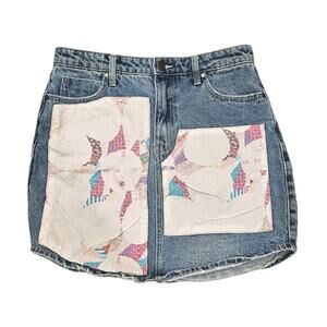PTCL Patchwork Denim Mini Skirt Womens 29 Floral Boho Y2K Preppy Fairy Cottage